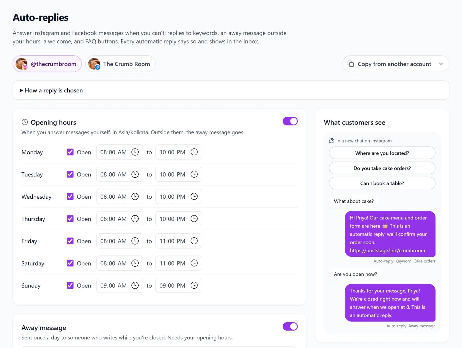 Auto-reply settings for an Instagram account: opening hours for each day, and what customers see: three FAQ buttons, a keyword reply about cake orders and the away message