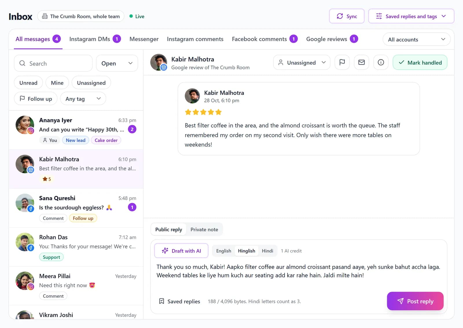 A five-star Google review open in the Inbox, with an AI reply drafted in Hinglish and ready to post