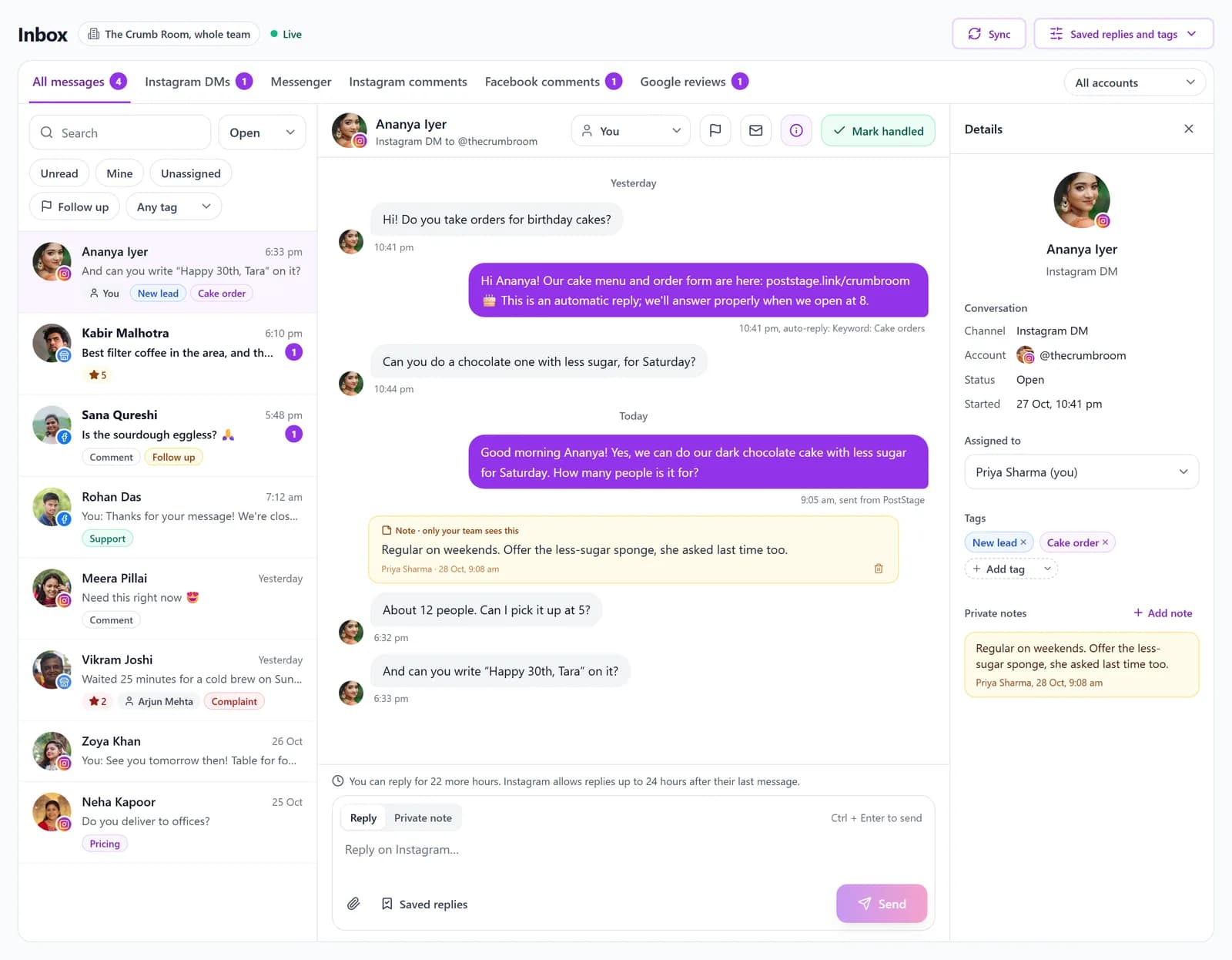 The Social Inbox in three panes: a café's conversations from Instagram, Facebook and Google, an Instagram DM with an automatic keyword reply and a teammate's answer, and the details with tags, the assignee and a private note